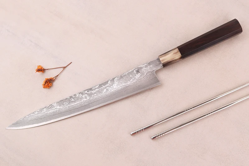 Couteau sujihiki 27cm japonais artisanal Shigeki Tanaka SG2 Kurozome Damas ébène