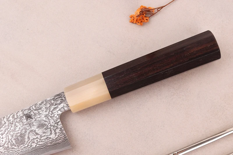 Couteau gyuto 18cm japonais artisanal Tanaka Shigeki SG2 Kurozome Damas ébène