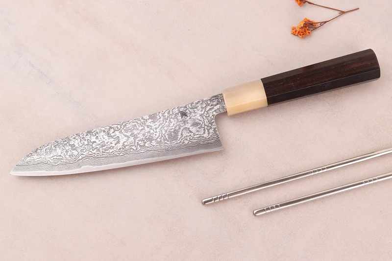 Couteau gyuto 18cm japonais artisanal Tanaka Shigeki SG2 Kurozome Damas ébène
