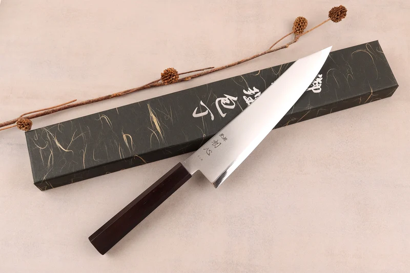 Couteau de chef gyuto kiritsuke 22cm japonais artisanal Hatsukokoro Kaijin BS2 ébène