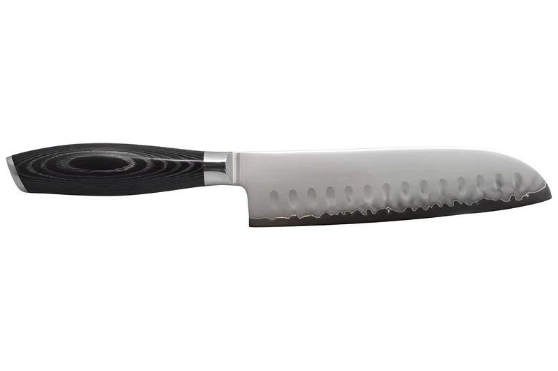 Couteau santoku alvéolé 18cm Hakami Ajisai lame San Maï manche pakkawood noir et gris