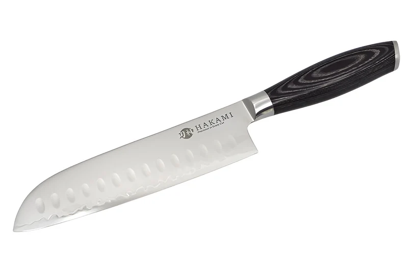 Couteau santoku alvéolé 18cm Hakami Ajisai lame San Maï manche pakkawood noir et gris