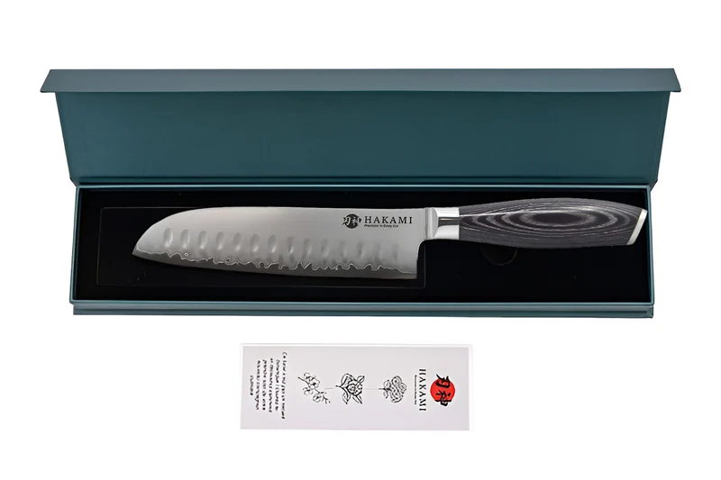 Couteau santoku alvéolé 18cm Hakami Ajisai lame San Maï manche pakkawood noir et gris