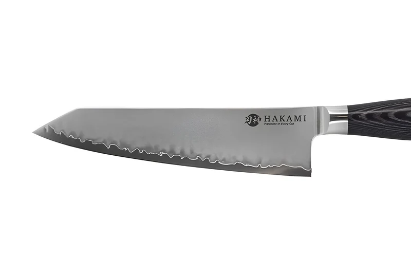 Couteau bunka 20cm Hakami Ajisai lame San Maï manche pakkawood noir et gris