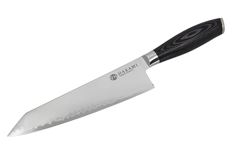 Couteau bunka 20cm Hakami Ajisai lame San Maï manche pakkawood noir et gris