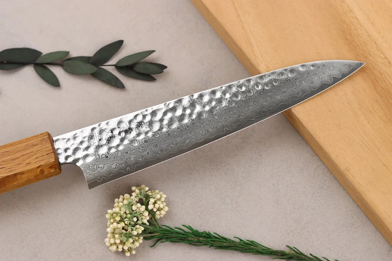 Couteau universel 15cm japonais artisanal Wusaki Yaketa VG10 damas chêne brûlé