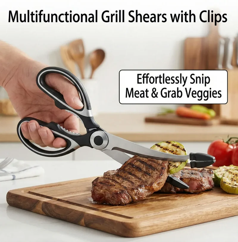 Ciseaux BBQ Multi-Fonctions Inox 304 avec Pince et Brosse Accessoire