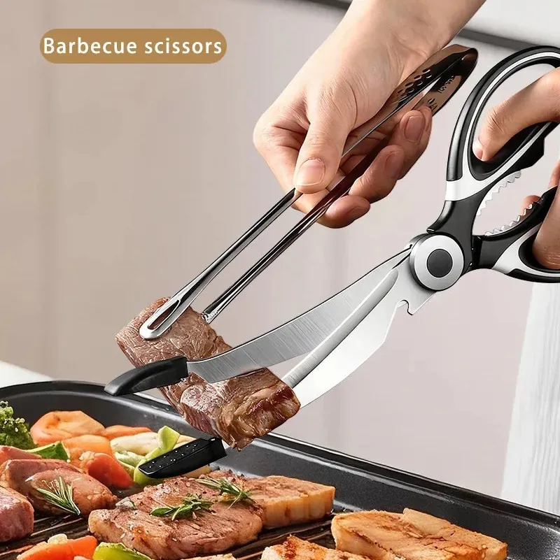 Ciseaux BBQ Multi-Fonctions Inox 304 avec Pince et Brosse Accessoire