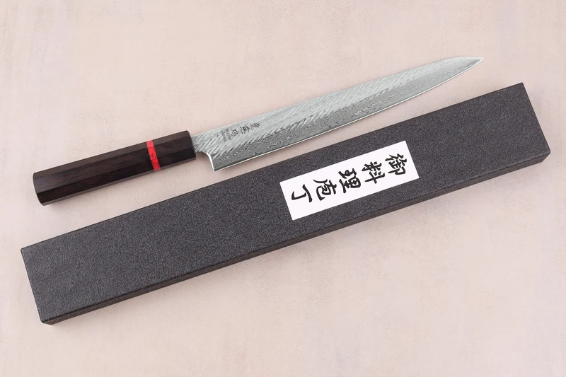 Couteau sujihiki 24cm japonais artisanal Wusaki Nawame AUS10 damas