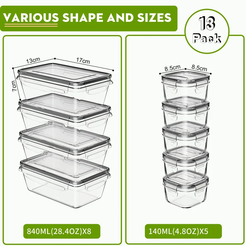 Lot de 13 Boîtes Hermétiques en Plastique Transparent Anti-Fuite