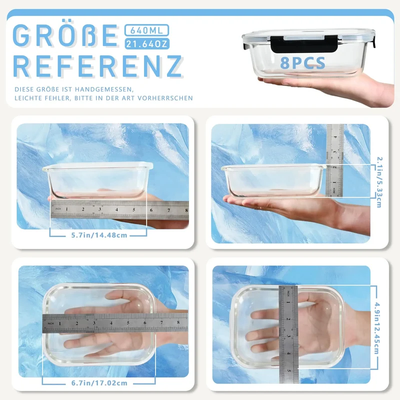 Lot de 8 Boîtes Hermétiques en Verre 640ml avec Couvercle Anti-Fuite