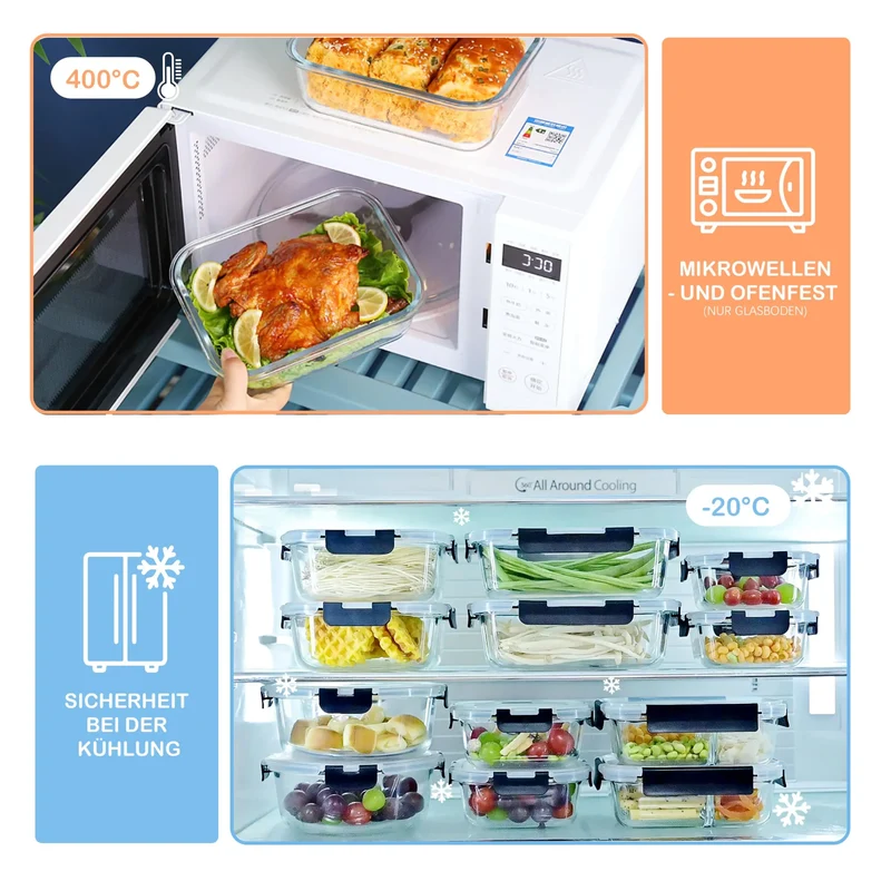 Lot de 8 Boîtes Hermétiques en Verre 640ml avec Couvercle Anti-Fuite