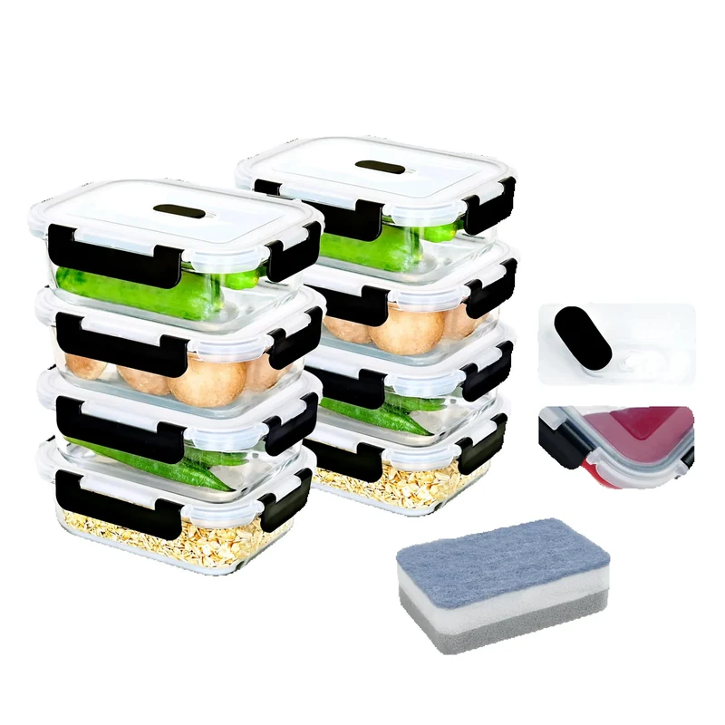 Lot de 8 Boîtes Hermétiques en Verre 640ml avec Couvercle Anti-Fuite