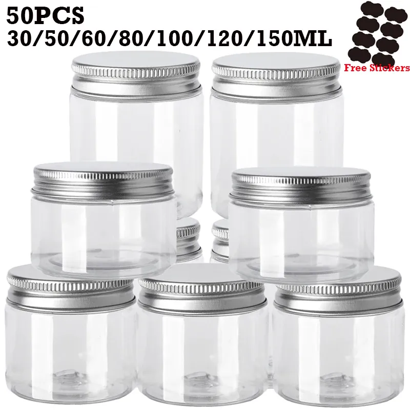 Lot de 50 Pots en Plastique PET Alimentaire 30–150 ml avec Couvercle Aluminium Vissé