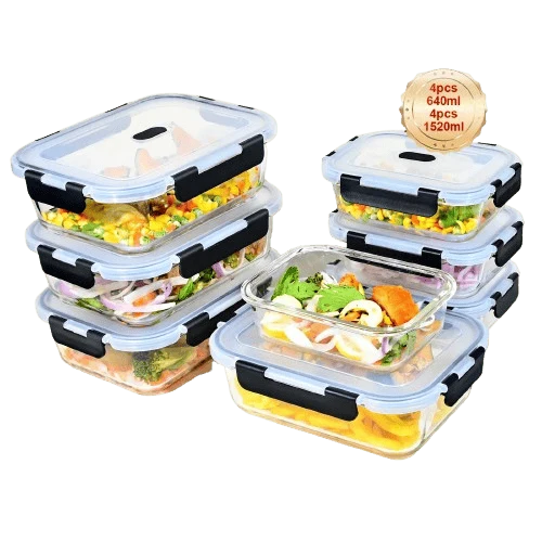 Lot de 8 Boîtes Hermétiques en Verre Borosilicate Anti-Fuite — Compatible Four et Micro-Ondes