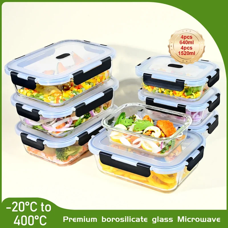 Lot de 8 Boîtes Hermétiques en Verre Borosilicate Anti-Fuite — Compatible Four et Micro-Ondes
