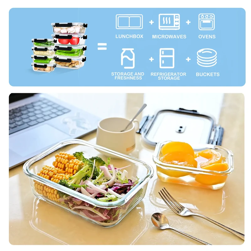 Lot de 8 Boîtes Hermétiques en Verre Borosilicate Anti-Fuite — Compatible Four et Micro-Ondes