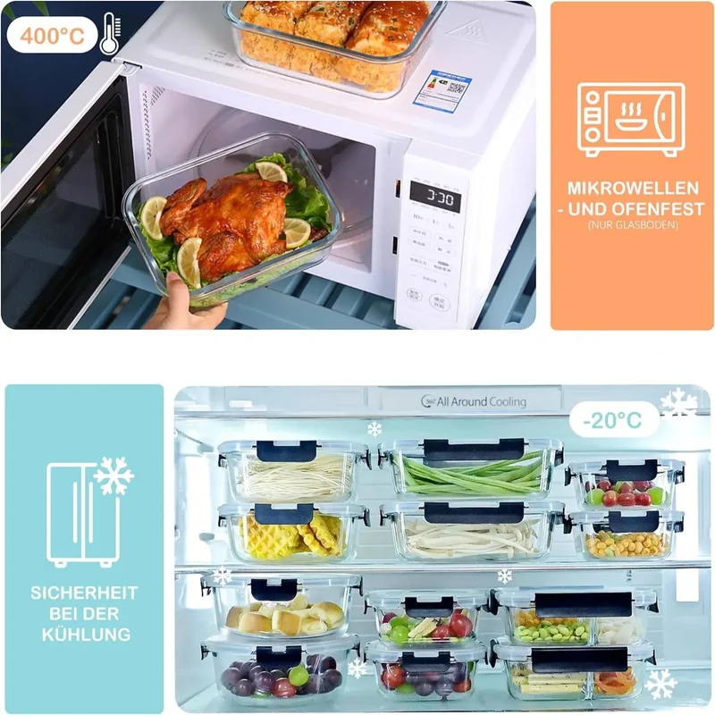 Lot de 8 Boîtes Hermétiques en Verre Borosilicate Anti-Fuite — Compatible Four et Micro-Ondes