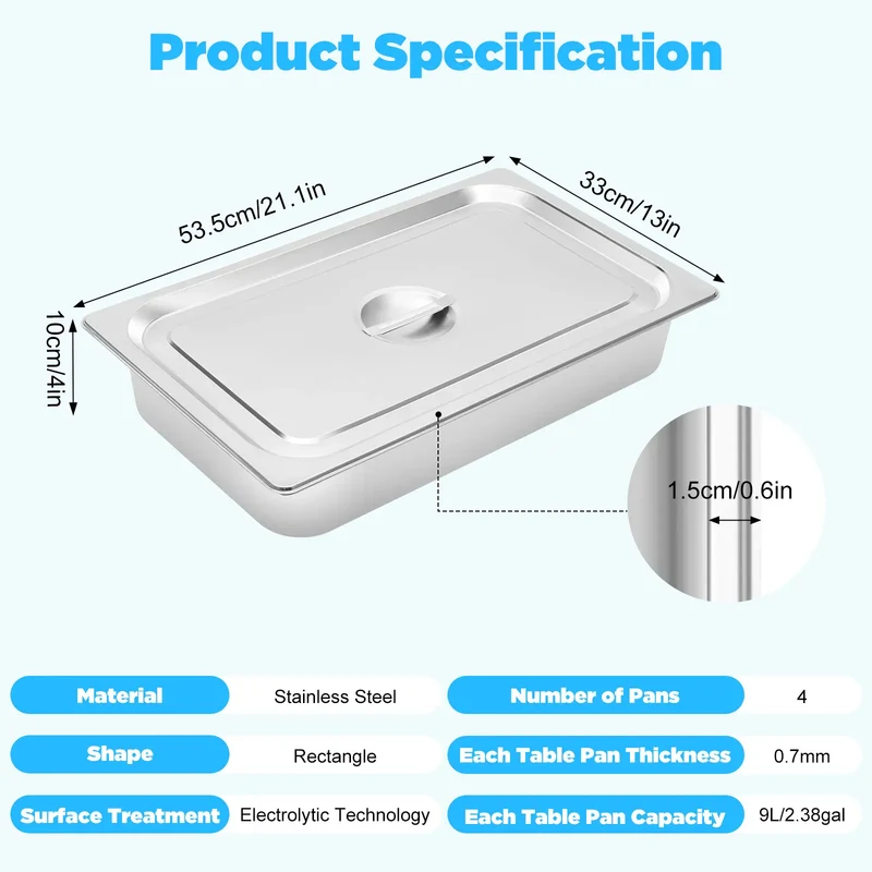 Bacs à Buffet Inox avec Couvercle – Lot de 4 Pièces 9 L