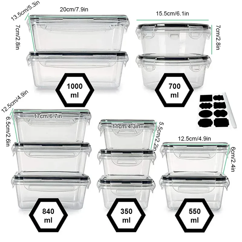 Lot de 12 Boîtes Hermétiques Transparentes avec Couvercle 800ml
