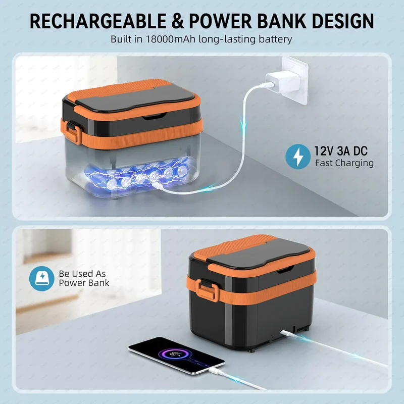 LunchBox Chauffante Sans Fil 60 W — Batterie 18 000 mAh, Cuve Inox 304, Timer 8h