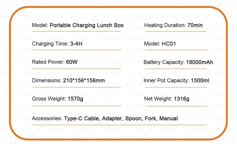LunchBox Chauffante Sans Fil 60 W — Batterie 18 000 mAh, Cuve Inox 304, Timer 8h