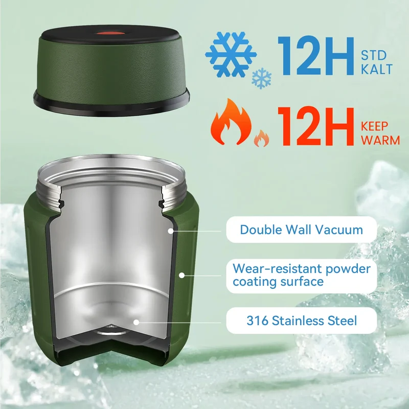 Thermos Repas 500 ml — Inox Double Paroi, Cuillère Pliante et Sac Isotherme Inclus