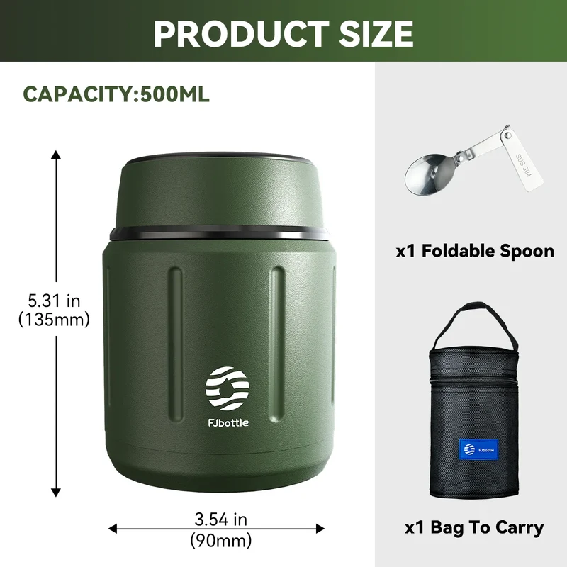 Thermos Repas 500 ml — Inox Double Paroi, Cuillère Pliante et Sac Isotherme Inclus