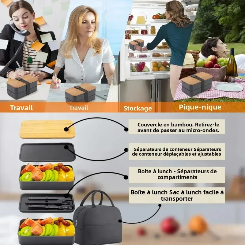 Bento 2 Étages en Plastique Écologique | Boîte à Lunch avec Couverts