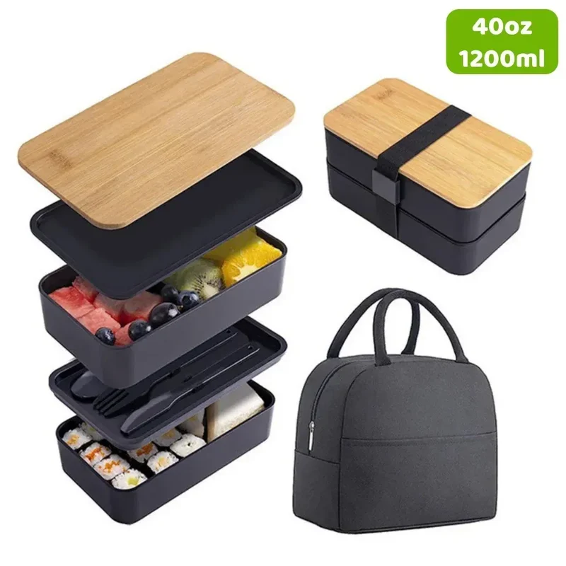 Bento 2 Étages en Plastique Écologique | Boîte à Lunch avec Couverts