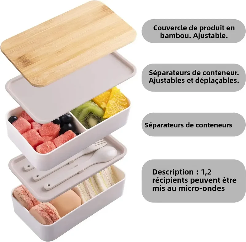 Bento 2 Étages en Bambou et Plastique | Boîte de Rangement Alimentaire