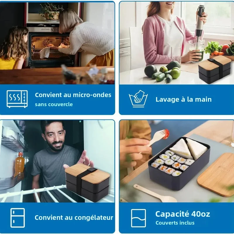 Bento 2 Étages en Bambou et Plastique | Boîte de Rangement Alimentaire