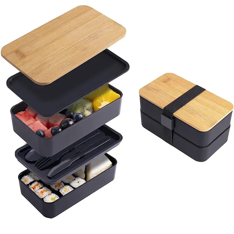 Bento 2 Étages en Bambou et Plastique | Boîte de Rangement Alimentaire