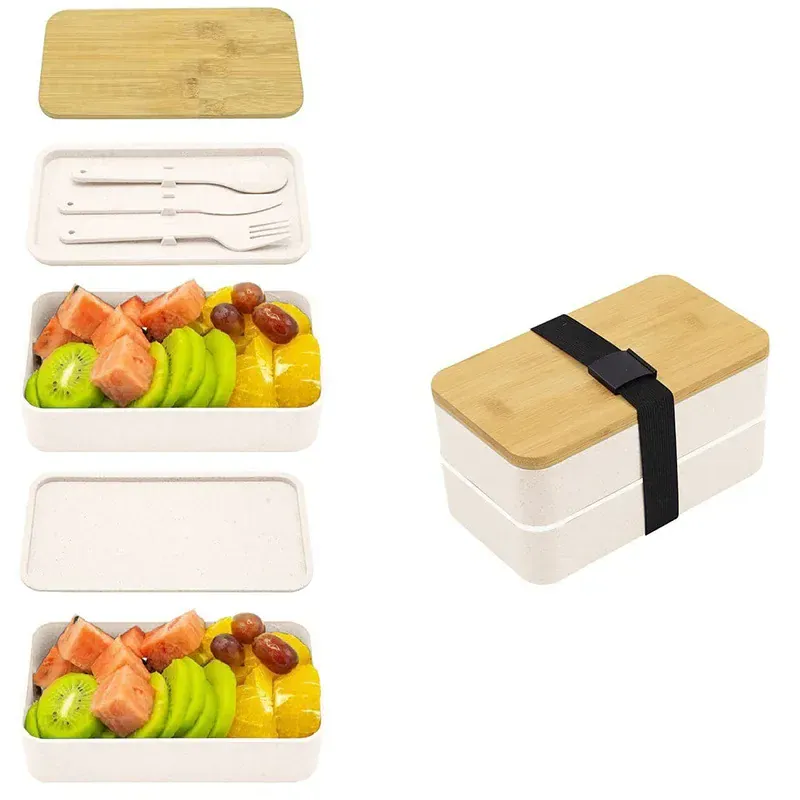 Bento 2 Étages en Bambou et Plastique | Boîte de Rangement Alimentaire