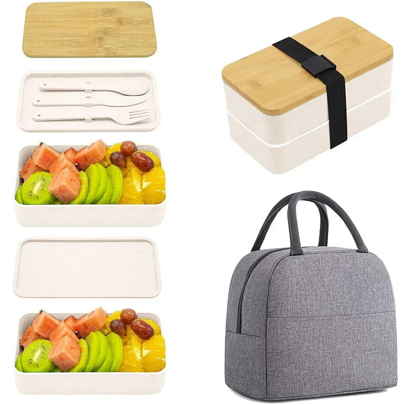 Bento 2 Étages en Bambou et Plastique | Boîte de Rangement Alimentaire