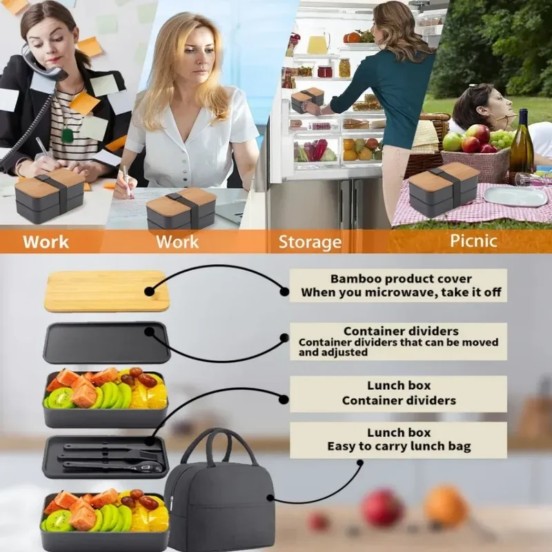 Bento 2 Étages en Bambou et Plastique | Boîte de Rangement Alimentaire