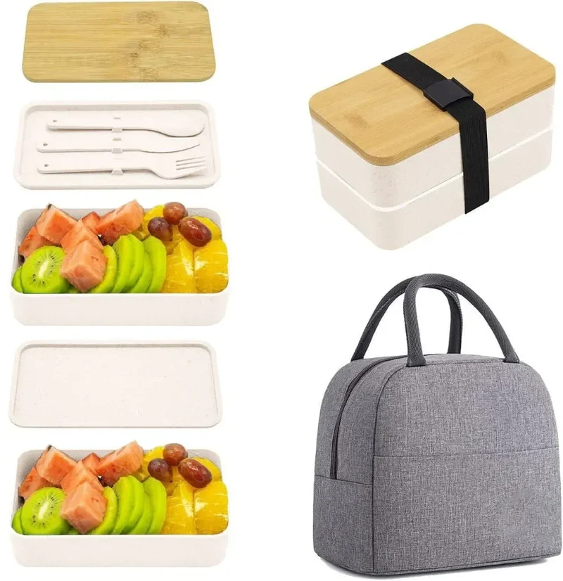 Bento 2 Étages en Bambou et Plastique | Boîte de Rangement Alimentaire