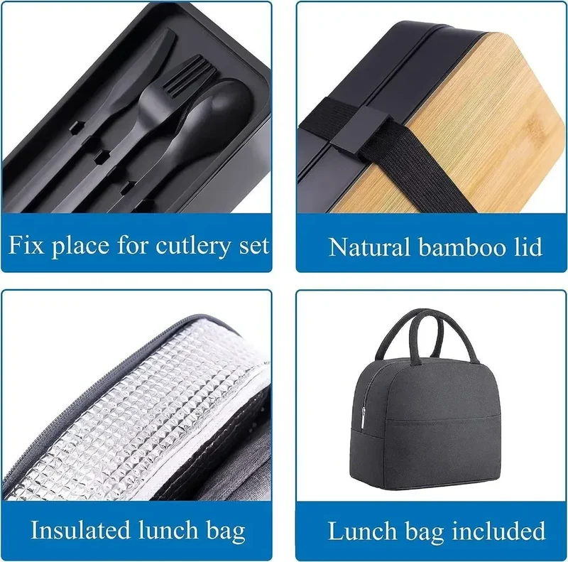 Bento 2 Étages en Bambou et Plastique | Boîte de Rangement Alimentaire