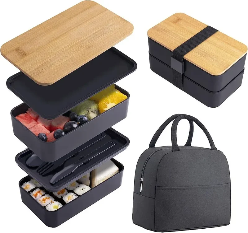 Bento 2 Étages en Bambou et Plastique | Boîte de Rangement Alimentaire