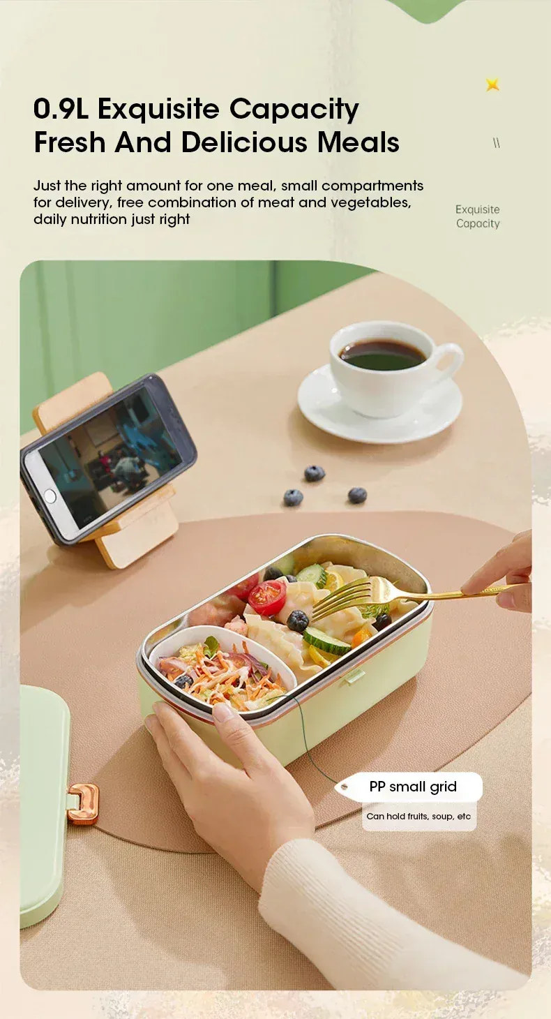 Lunch Box Chauffante Inox 304 Sans Eau 900 ml — Chauffage Sec 36 W - VERTE