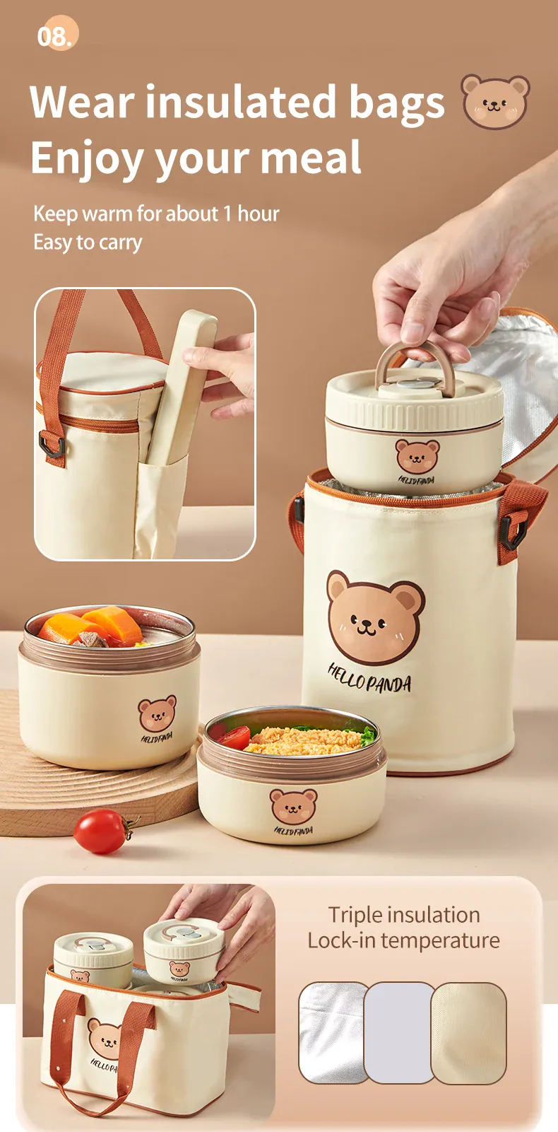 Ensemble de 4 Lunchbox cylindriques isothermes pour enfants (2 litres)