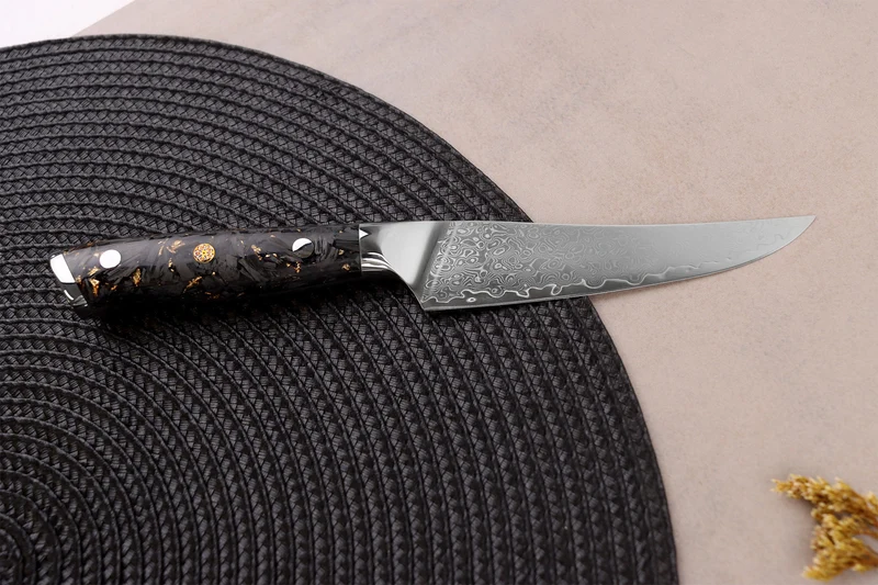 Couteau à steak Wusaki Sakin Damas 10Cr 13cm manche en fibre de carbone et feuille d'or