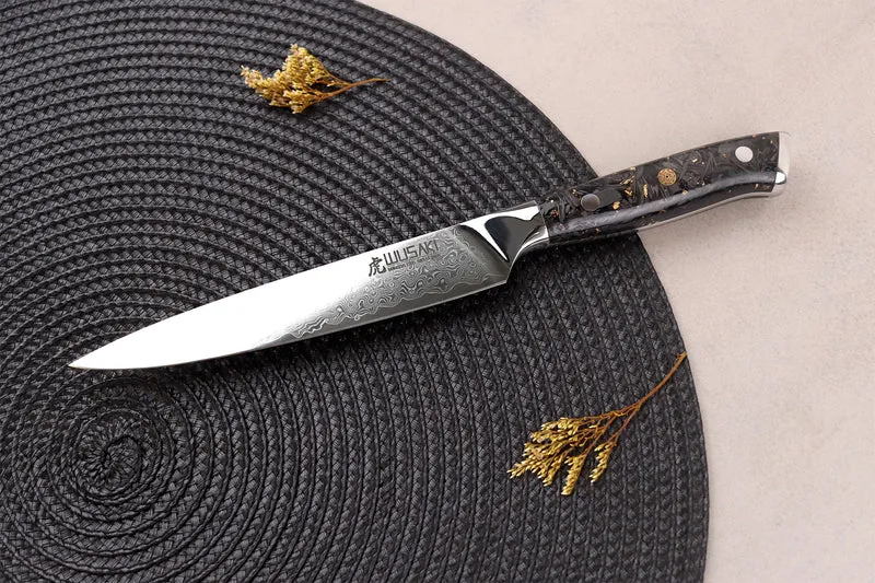 Couteau universel Wusaki Sakin Damas 10Cr 15cm manche en fibre de carbone et feuille d'or
