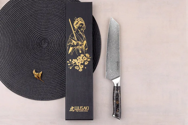 Couteau kiritsuke Wusaki Sakin Damas 10Cr 20cm manche en fibre de carbone et feuille d'or