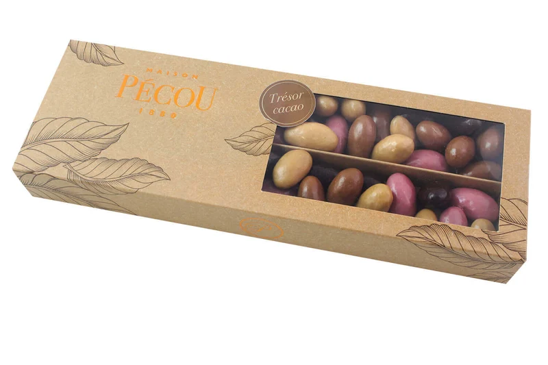 Amandes grillées Pécou Trésor Cacao enrobées de chocolats Ruby noir lait et doré