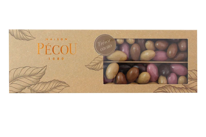 Amandes grillées Pécou Trésor Cacao enrobées de chocolats Ruby noir lait et doré