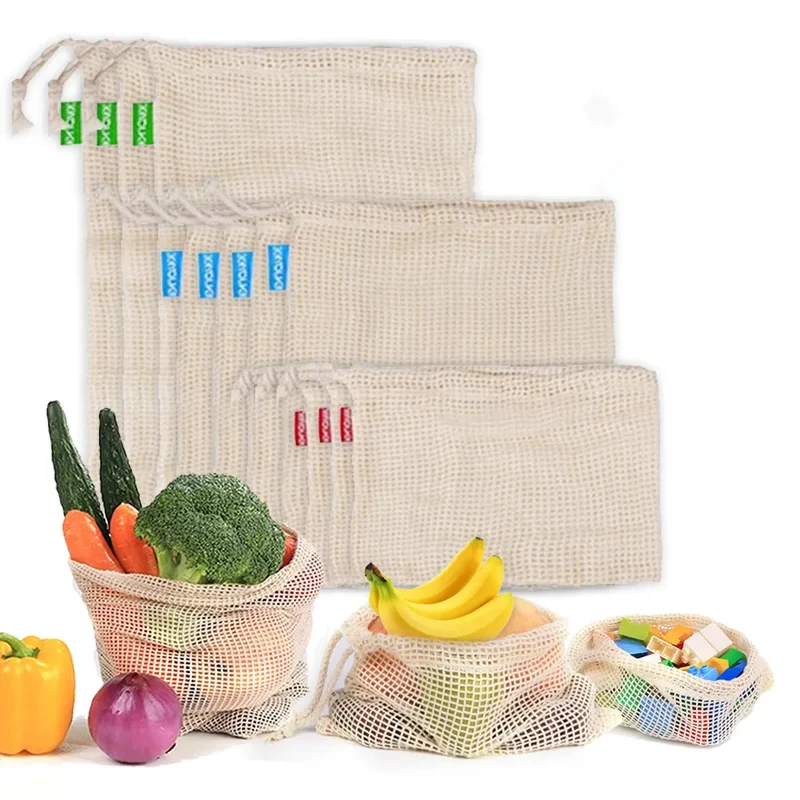 Sacs Filet en Coton Réutilisables - Lot de 5 Pièces Écologiques