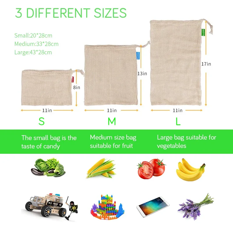 Sacs Filet en Coton Réutilisables - Lot de 5 Pièces Écologiques