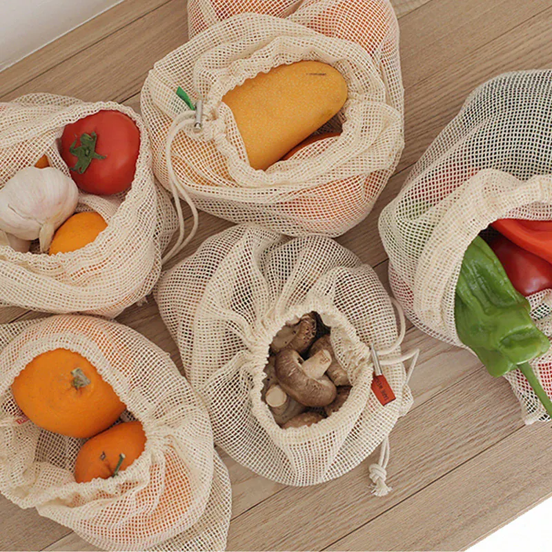 Sacs Filet en Coton Réutilisables - Lot de 5 Pièces Écologiques