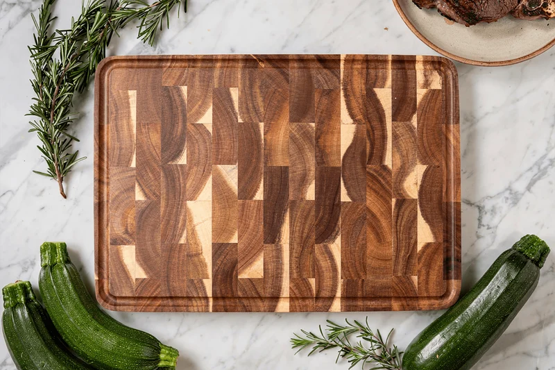 Planche à découper Wusaki bois d'acacia damier pieds antidérapants 35 x 25 x 2,5cm
